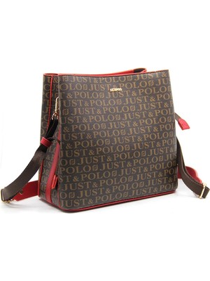 Just Polo Kahverengi-Kırmızı Kadın Baskı Desenli El ve Omuz Çantası JP2117