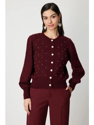 ON Kadın Inci Düğmeli Triko Hırka 63922 Bordo