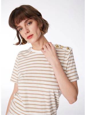 Fabrika Beyaz - Bej Kadın Bisiklet Yaka Basic T-Shirt F4SL-TST0535