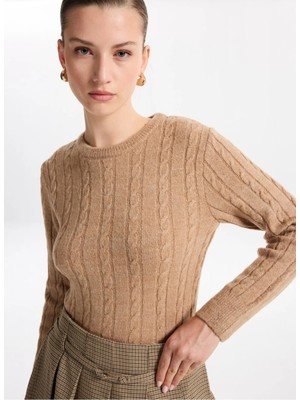 Fabrika Bisiklet Yaka Basic Saç Örgü Desenli Camel Kazak Kadın F5WL-KZK0255
