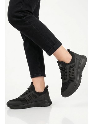 Walkway Siyah Fileli Hafif Esnek Kilit Bağcıklı Unisex Spor Ayakkabı Motano G
