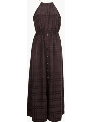 Fabrika Halter Yaka Jakarlı Kahve Maksi Kadın Elbise F6SL-ELB0363