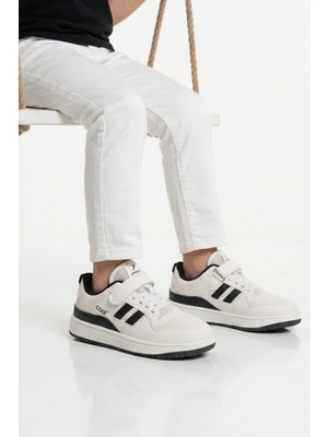 Cool Beyaz Siyah Fileli Hafif Cırtlı Unisex Çocuk Spor Ayakkabı Stella F