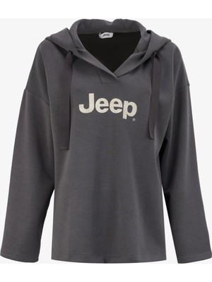 Jeep Haki Kadın Kapüşonlu Oversize Baskılı Sweatshirt C4WL-SWT4420