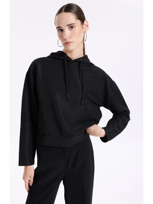 Fabrika Siyah Kadın Kapüşon Yaka Rahat Crinkle Sweatshirt F4WL-SWT0536