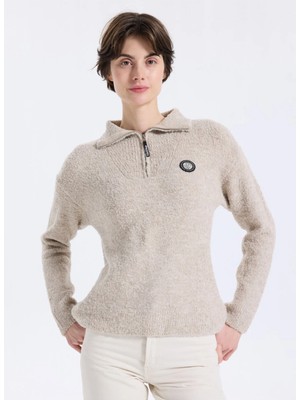 Discovery Expedition Bej Kadın Fermuarlı Yaka Basic Melanj Kazak D4WL-KZK3450