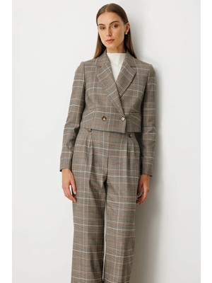 Ekol Kadın Ekoseli Crop Ceket 5075 Vizon