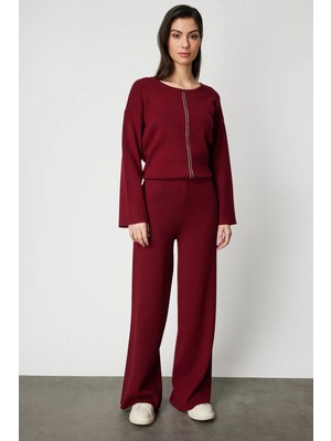 ON Kadın Beli Lastikli Bol Paça Triko Pantol 63321 Bordo