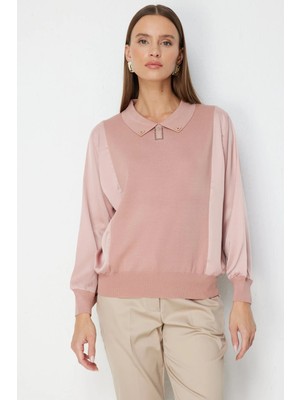 ON Kadın Mix Kumaş Yakalı Bluz 70510 Pudra