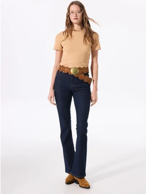 Fabrika Normal Bel Geniş Paça Flare Koyu Indigo Kadın Denim Pantolon F4SL-PNT0094
