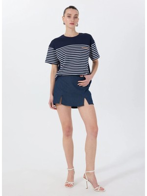 Fabrika Lacivert - Beyaz Kadın Bisiklet Yaka Loose Fit T-Shirt Borı
