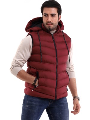 Erkek Jel Dolgulu Çapraz Model Çıkarılabilen Kapşon Yanlardan Cepli Iç Cepli Şişme Yelek Bordo