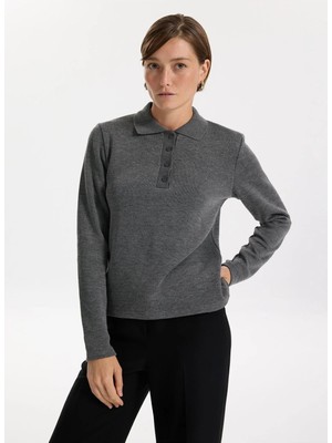 Fabrika Polo Yaka Slim Fit Düz Gri Melanj Kazak Kadın F5WL-KZK0412