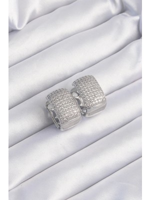 Mey Ithalat® Pirinç Gümüş Renk Zirkon Taşlı Minimal Halka Küpe