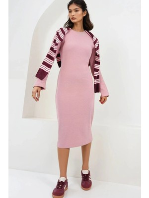 TeknoKapsül Trend Alaçatı Stili Pudra Pembe Bisiklet Yaka Midi Boy Örme Elbise ALC-X14774