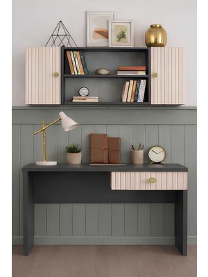 Rudu Milas Çalışma Bilgisayar Masası 120X60X115 cm Raflı 2 Kapalı 2 Çekmeceli Antrasit-Dor