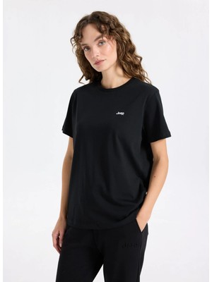 Jeep Siyah Kadın Bisiklet Yaka Relaxed Fit Baskılı Pamuk T-Shirt J4WL-TST4011