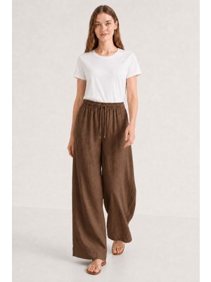 Kahverengi Mizalle Keten Dokulu Beli Lastikli Bol Paça Kahve Pantolon