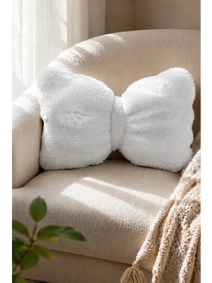 Dekomod Peluş Puffy Dekoratif Fiyonk Yastık Kırlent Pofuduk Dolgulu Beyaz 1 Adet 30X50 cm