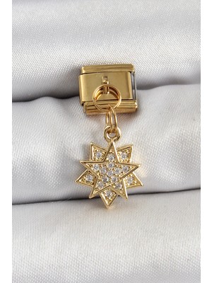 Mey Ithalat® 316L Çelik Sallantılı Zirkon Taşlı Yıldız Model Gold Renk Nomination Charm