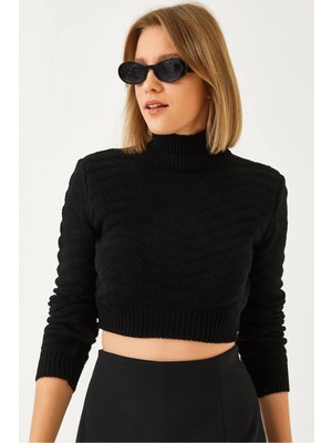 TeknoKapsül Bianco Lucci Kadın Zikzak Örgülü Boğazlı Crop Triko Kazak 60261185