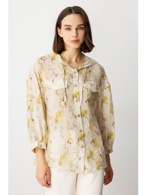 On Oversize Kapüşonlu Çiçekli Kadın Gömlek - Minimalist Stil - 3/4 Kol