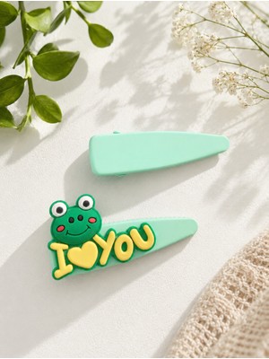 Herbal Accessory 🐸 I ❤️ You Kurbağa Figürlü Çıtçıt Saç Tokası – Mint Yeşili