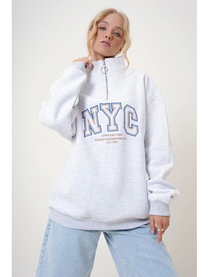 TeknoKapsül Trend Alaçatı Stili Grimelanj Dik Yaka Fermuar Önü Nakışlı Oversize 3 Iplik Şardonlu Unisex Sweatshirt ALC-X12502