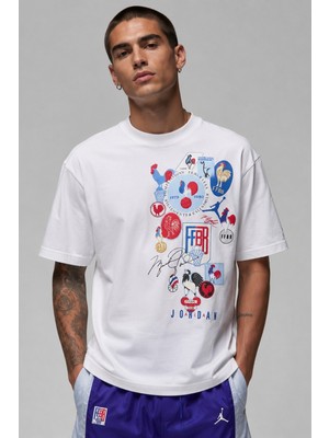 Nike Jordan Sportx Federation Française De Basketball Oversize Short Sleeve Mens Tee Bol Kesim Erkek Günlük Tişört Beyaz