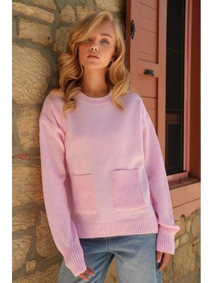 TeknoKapsül Trend Alaçatı Stili Pembe Bisiklet Yaka Çift Cepli Yün Karışımlı Oversize Kazak ALC-X14508