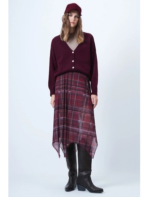 TeknoKapsül Trend Alaçatı Stili Kadın Bordo V Yaka Çift Cepli Triko Hırka ALC-X14636