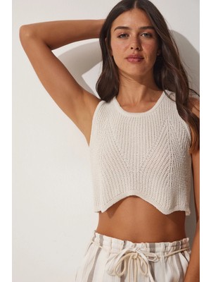 TeknoKapsül Happiness Istanbul Kadın Krem Yazlık Crop Triko Bluz MC00185
