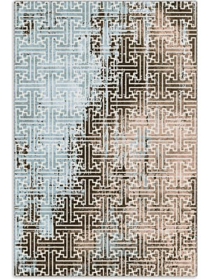 Pastel Home Vintage Dokunuşlu Modern Şönil Halı Kilim Yolluk Kahve Bej Açık Mavi Kaymaz Yıkanabilir Saçaklı