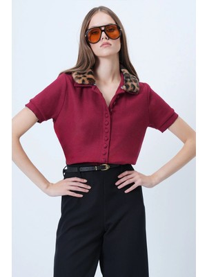 TeknoKapsül Trend Alaçatı Stili Kadın Bordo Leopar Çıkarılabilir Kürk Detaylı Örme Bluz ALC-X14640