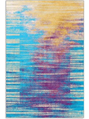 Pastel Home Turkuaz Sarı Mor Abstract Tasarım Şönil Halı Kilim Yolluk Kaymaz Yıkanabilir Saçaklı
