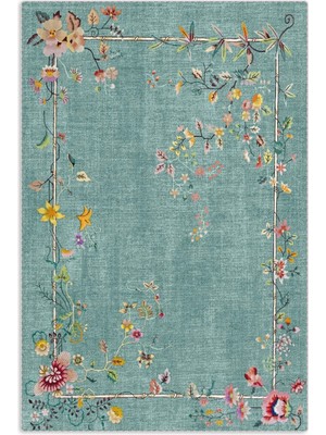 Pastel Home Kaşmir Doku Yumuşak Kaymaz Pamuk Taban Oturma Odası Salon Mutfak Koridor Çiçekli Yeşil Halı Kilim