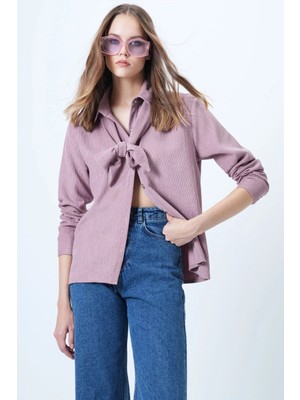 TeknoKapsül Trend Alaçatı Stili Pudra Kendinden Kuşaklı Oversize Kadife Gömlek ALC-X14622