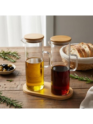 Belirtilmemiş Deconox 2'li Şeffaf Cam Yağdanlık ve Sirkelik Seti - Bambu Kapaklı ve Özel Standlı Masaüstü Yağlık