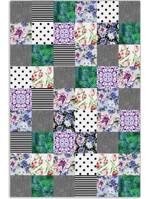 Pastel Home Gri Yeşil Çiçekli Patchwork Şönil Halı Kilim Yolluk Kaymaz Yıkanabilir Mutfak Koridor Oturma Odası