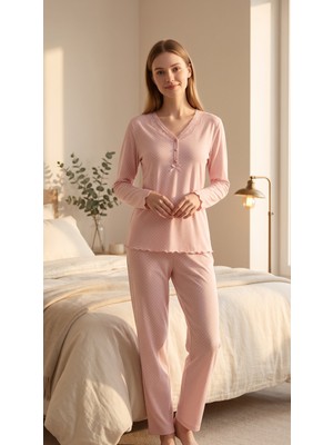 Etoile Bambu Kumaş Uzun Kol Fırfır ve Fiyonk Detaylı Puantiyeli Pijama Takım 22035-22036