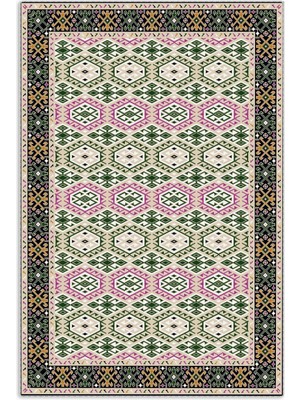 Pastel Home Yeşil Pembe Etnik Desenli Şönil Halı Kilim Yolluk Kordior Murfak Oturma Odası Kaymaz Yıkanabilir