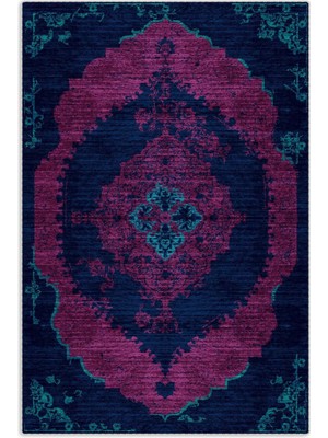 Pastel Home Modern Vintage Fuşya Lacivert Şönil Halı Kilim Yolluk Kaymaz Pamuk Taban Yıkanabilir Saçaklı