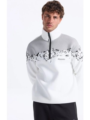 Discovery Expedition Kırık Beyaz Erkek Bato Yaka Loose Fit Baskılı Sweatshirt D3WM-SWT23