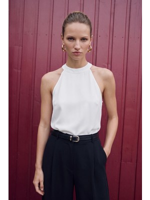 Sateen Halter Yaka Bluz - Ekru