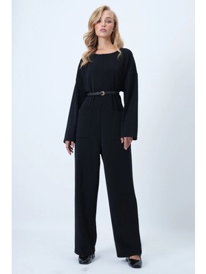 TeknoKapsül Trend Alaçatı Stili Siyah Bisiklet Yaka Sırtı Fermuarlı Rahat Kesim Tulum ALC-X14554