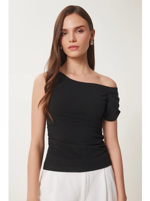 TeknoKapsül Happiness Istanbul Kadın Siyah Büzgü Detaylı Örme Bluz ZV00275