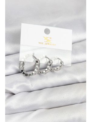 Mey Ithalat® Pirinç Gümüş Renk Zirkon Taşlı Petek Halka Model Ysx Trio Küpe Seti