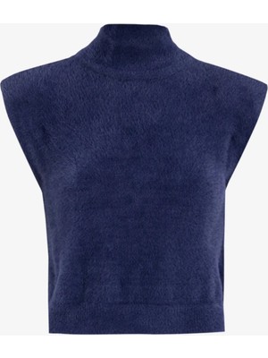 Fabrika Lacivert Kadın Dik Yaka Crop Kazak F4WL-KZK0391
