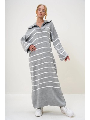 TeknoKapsül Trend Alaçatı Stili Kadın Grimelanj Balikçi Yaka Yarim Fermuarli Oversize Maxi Boy Elbise ALC-X12993