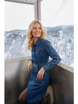 Banny Jeans Kadın Önden Düğmeli Kemerli Jean Elbise